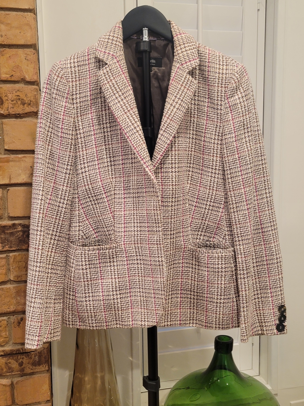 Textured Tweed Blazer with Pink Windowpane